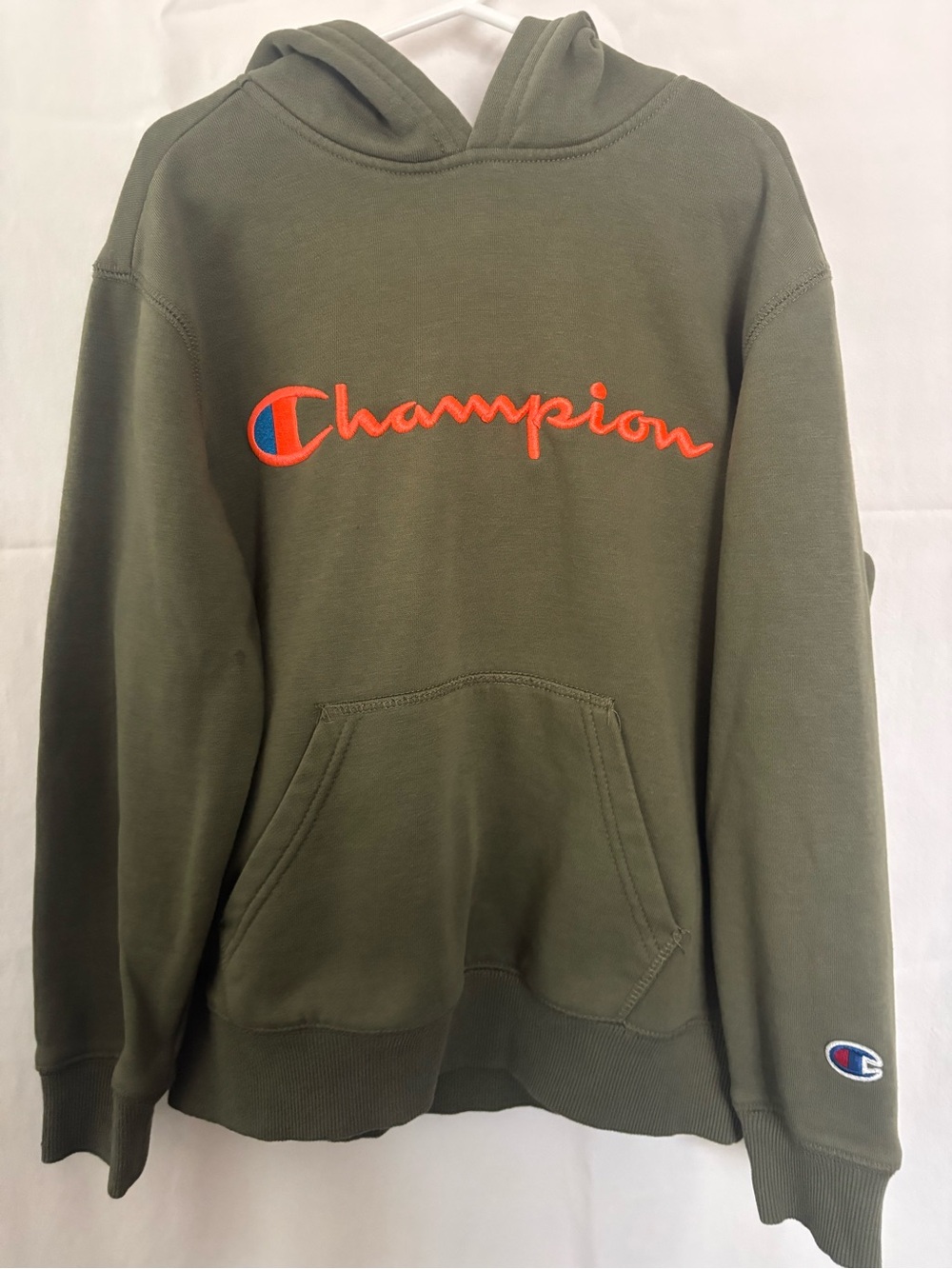 Champion Olive Hoodie with Orange Script Logo